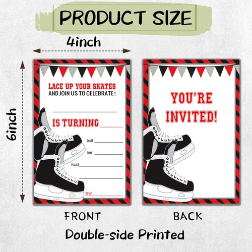 Hockey Style Fill-In Birthday Invites(4"x6"), Skates Birthday Invitations with Envelopes(20-Pack), Birthday Party Supplies for Boys & Girls, Teen, Kids-A05