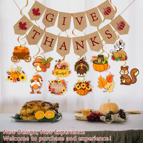 Thanksgiving Decorations, Give Thanks Banner, Thanksgiving Banner Party Decorations with 12pcs Hanging Swirls, Fall Banner with Turkey Decorations for Home Outdoor Indoor Office Classroom, Fall