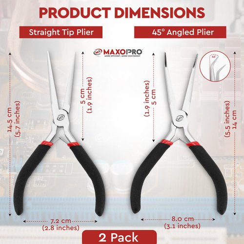 MaxoPro Premium 6 Inch Mini Needle Nose Pliers Set - 2 PCs Bent and Straight Long Nose Pliers with Comfort Grip - Non-Serrated Rust-Proof Long Reach Jewelry Pliers for Jewelry Making, Handmade Craft