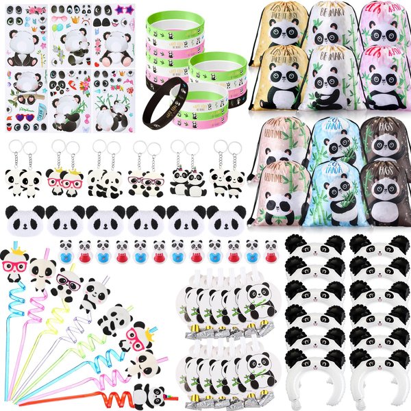 Abbylike 108 Pcs Panda Party Supplies Favors for Kids Include Drawstring Bags Keychain Panda Blowing Toy Headband Balloon Panda Tumbler Pin Silicone Wristband Panda Straws Stickers