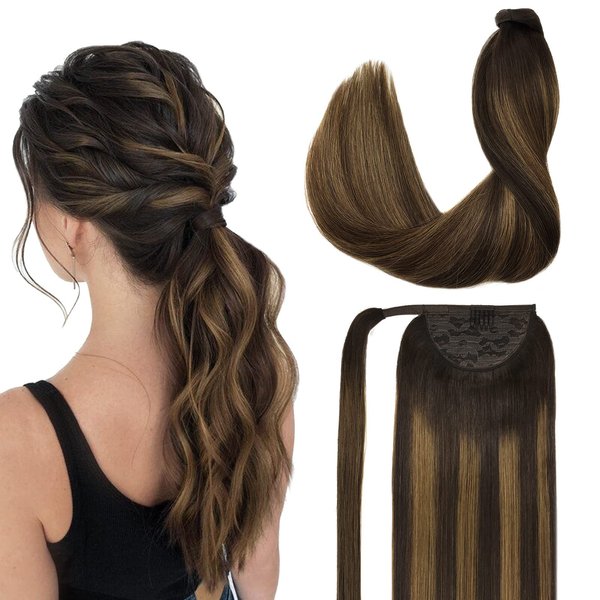 DOORES Ponytail Extension Human Hair Extensions Balayage Dark Brown to Chestnut Brown 16 Inch 80g DOORES Clip in Ponytail Extensions Ponytail Hair Piece For Women Wrap Around Ponytail Straight