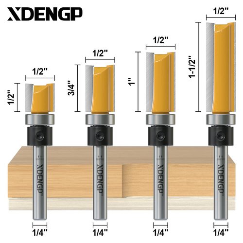 XDENGP 4 PCS Pattern Flush Trim Router Bit Set 1/4 Inch Shank, Top Bearing Flush Cut Trim Router Bit for Woodworking, Cutting Diameter: 1/2", Cutting Length: 1/2", 3/4", 1", 1-1/2"