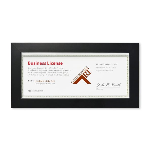 Golden State Art, Wood Frame for 4x9 Business License Certificate with Real Glass & Table-top Display, Black