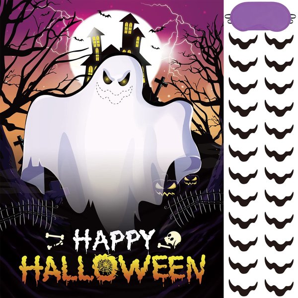 WERNNSAI Pin the Mouth on the Ghost - Scary Party Games for Kids Costume Game Boys Costume Birthday Game Girls Pin Game with 24 PCS Stickers Blindfold Scary Games Toddler Kindergarten