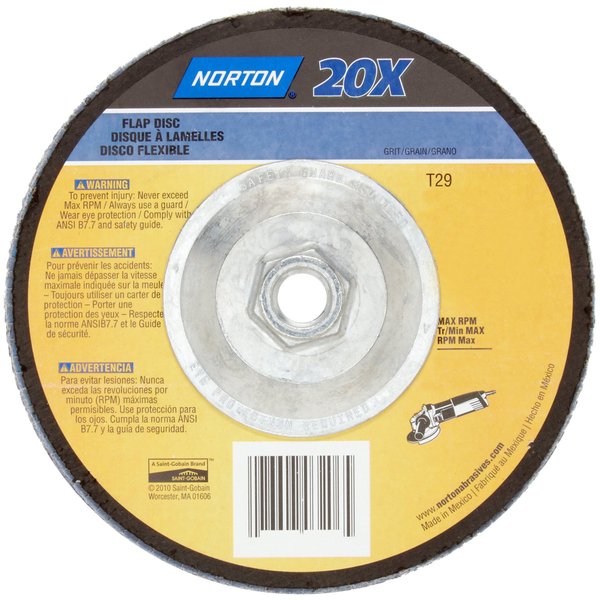 Norton 20X High Performance Abrasive Flap Disc, Type 27, Threaded Hole, Fiberglass Backing, Zirconia Alumina, 4-1/2" Dia., 60 Grit (Pack of 1)