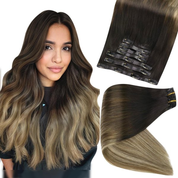 Full Shine Seamless Clip In Hair Extensions Human Hair Real Hair Extensions Clip in Human Hair 14 Inch Black To Medium Brown And Caramel Brown Pu Skin Weft Invisible Clip in Hair Extensions 120g 8pcs