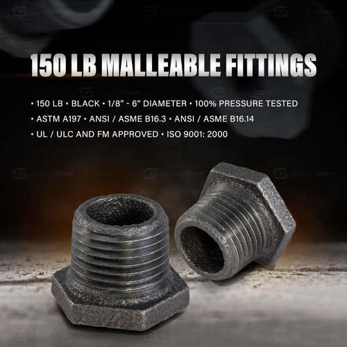 Everflow Supplies BMBU3121 3-1/2" x 3" Black Malleable Iron Bushing Fitting with Hexagonal Head