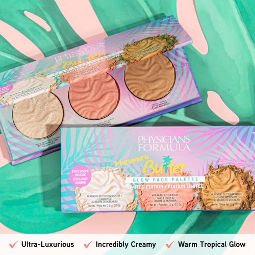Physicians Formula Murumuru Butter Bronzer Face Powder Makeup Set, Includes Nourishing Butter Bronzer, Highlighter, Blush, Dermatologist Tested, Vegan & Cruelty-Free - Glow Face Palette