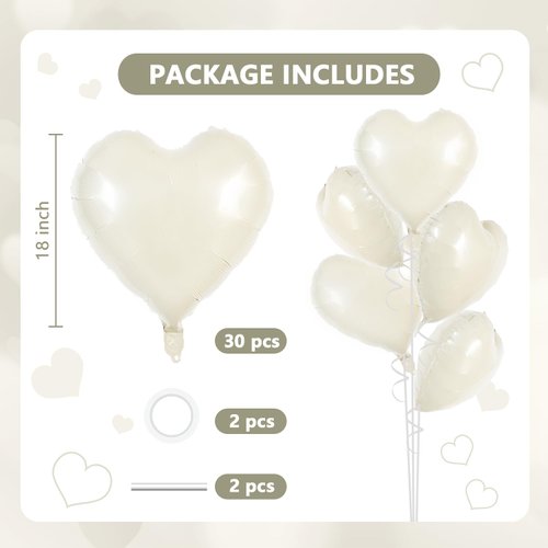 TONIFUL 30Pcs 18 Inch Cream White Heart Balloons Cream White Heart Shape Foil Mylar Balloons Decoration for Birthday Valentine's Day Wedding Bridal Shower Anniversary Engagement Party Supplies