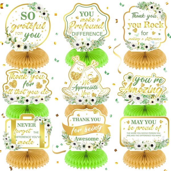 9Pcs We Appreciate You Decorations Sage Green Thank You Table Honeycomb Centerpieces Appreciate Table Topper Decor for Teacher Doctor Nurse Employee Staff Graduation Appreciation Party Supplies
