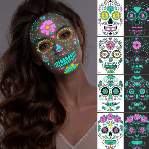 Halloween Neon Face Tattoo Stickers Day of the Dead Makeup Tattoo Stickers Luminous Rose Sugar Skull Design DIY Self Adhesive Masquerade Face Decals Halloween Party Decoration for Women 4 Sheets