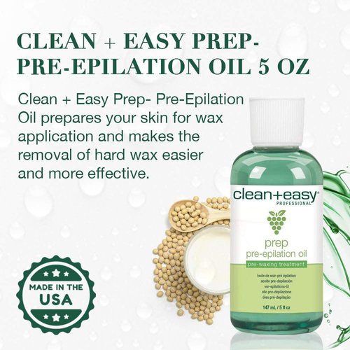 Clean + Easy Pre Wax Oil - Prepares the Skin for Hard Wax Application - Pre Waxing Treatment with Soybean and Grapeseed Oil, 5 oz