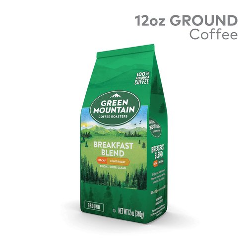 Green Mountain Coffee Roasters, Breakfast Blend Decaf, Ground Coffee, Decaffeinated, Light Roast, Bagged 12oz.