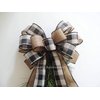 Rustic Farmhouse Black Tan Check, Christmas Wreath Bows, Tan Black Check Everyday Wreath Bow, Black beige Check Accent Christmas Bow, Burlap Black Cream Plaid Swag Bow