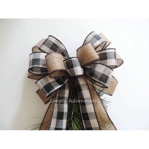 Rustic Farmhouse Black Tan Check, Christmas Wreath Bows, Tan Black Check Everyday Wreath Bow, Black beige Check Accent Christmas Bow, Burlap Black Cream Plaid Swag Bow