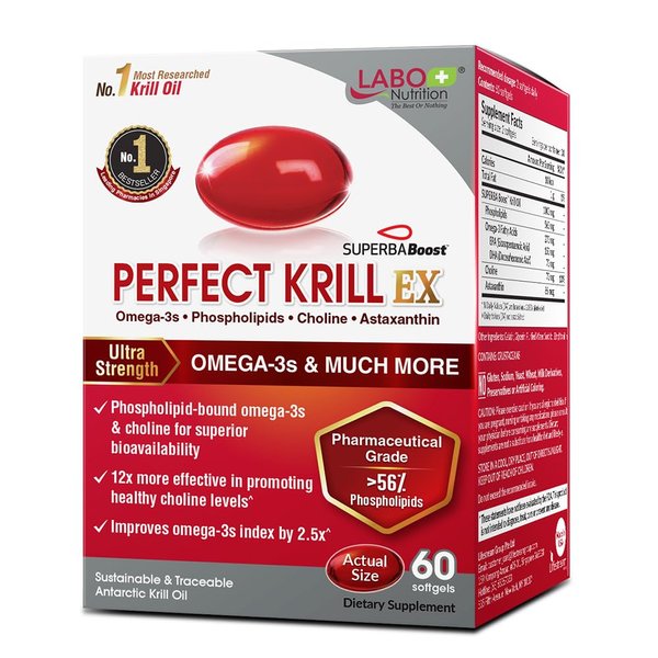 LABO Nutrition Perfect Krill EX, The Purest Ultra Strength Antarctic Krill Oil, Highest Phospholipids (>56%), with Choline & Astaxanthin, Omega 3, Joint Support, 100% Made in USA, 60 softgel