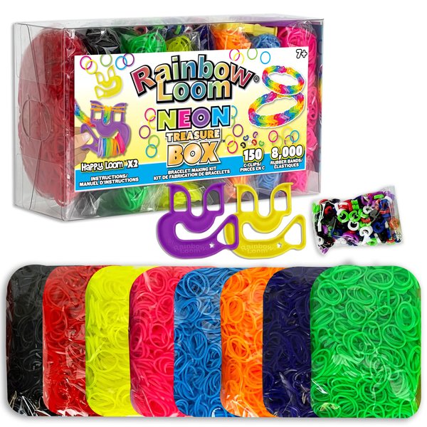 Rainbow Loom® Treasure Box NEON Edition, 8,000 Rubber Bands in 8 Different Neon Colors, and a Bonus of 2 Happy Looms, Great Activities for Boys and Girls 7+