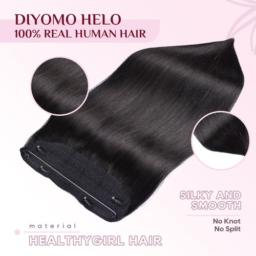 DIYOMO Halo Hair Extensions - Halo Hair Extensions Real Human Hair Jet black Hair Extensions Transparent Adjustable Size Removable Secure，Halo Extensions Real Human Hai, #1 80g 16lnch