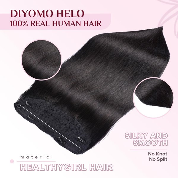 DIYOMO Halo Hair Extensions - Halo Hair Extensions Real Human Hair Jet black Hair Extensions Transparent Adjustable Size Removable Secure，Halo Extensions Real Human Hai, #1 80g 16lnch
