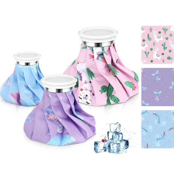 3 Pcs Ice Pack for Injuries, Reusable Hot Water Bag with Screw Top, Hot Cold for Sports Knee Head Leg Shoulder Back Injury, 6 Inch 8 Inch 9 Inch (Mermaid Style)