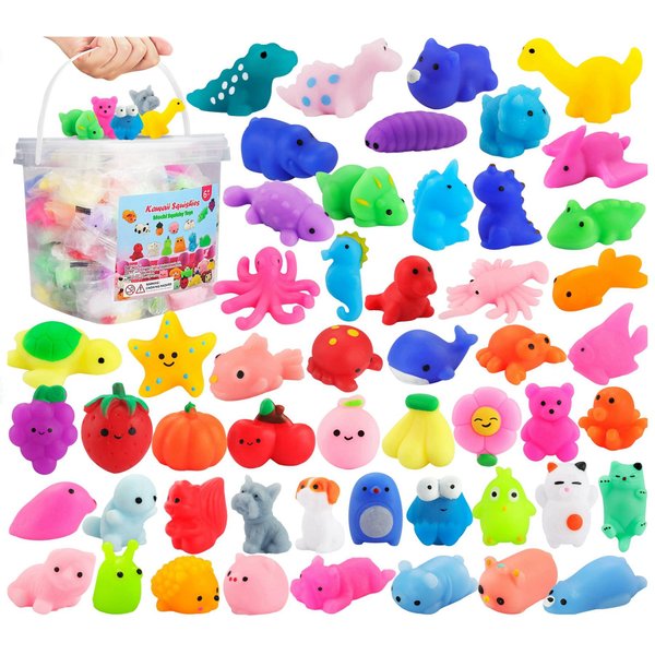 PNIOTAIN 60 Packs Mochi Squishy Toys Party Favors for Kids Stress Relief Squishy Fidget Toys Mini Squishies Bulk Classroom Prizes Kids Birthday Pinata Goodie Bags Stuffers for Kids