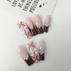 24 Pcs French Tip Press on Nails Long Coffin Fake Nails with Glue Pink Full Cover False Nails with 3D Nail Charms Designs Ballerina Nail Tips Cute Stick on Nails Artificial Nails for Women