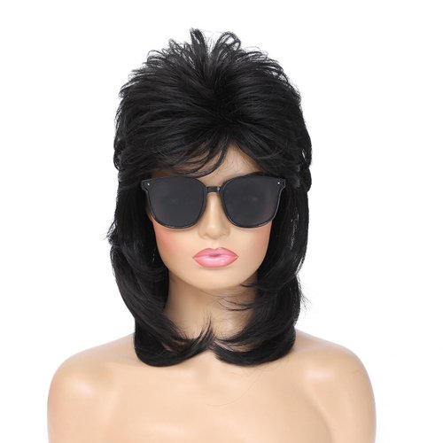 Airhostess Mullet Wigs for Women Curly Soft Heat Resistant Shoulder Length Hair 80s Rocker Cosplay Dark Roots Synthetic Wigs(Black)