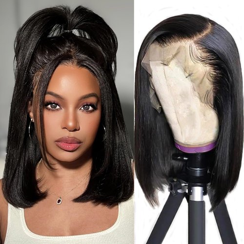Bob Wig Human Hair 13x4 Glueless Wigs Human Hair Pre Plucked Pre Cut HD Lace Front Wigs Human Hair Transparent Lace Frontal Wigs 180% Density Straight Short Wigs for Black Women Blunt Cut Wig 12 Inch