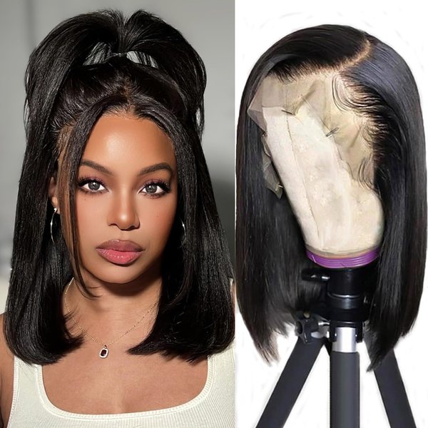 Bob Wig Human Hair 13x4 Glueless Wigs Human Hair Pre Plucked Pre Cut HD Lace Front Wigs Human Hair Transparent Lace Frontal Wigs 180% Density Straight Short Wigs for Black Women Blunt Cut Wig 12 Inch