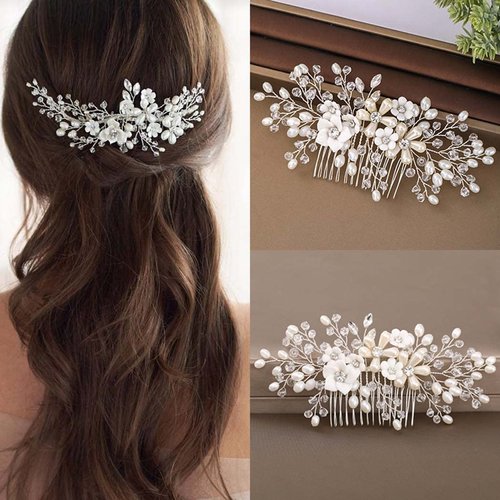 Foyte Flower Bride Wedding Hair Comb Crystal Leaf Bridal Headpieces Rhinestone Hair Pieces Pearl Bridesmaid Side Combs Hair Accessories for Women and Girls (pearl)