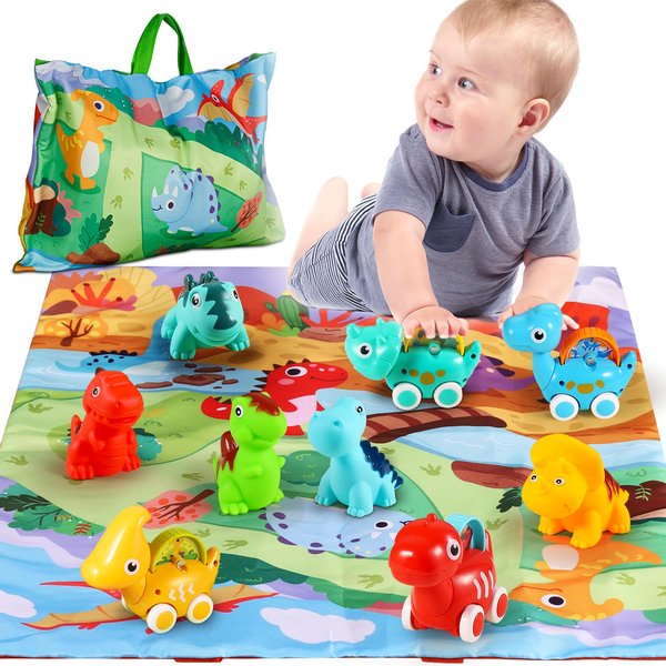 ALASOU 9 PCS Dinosaur Fantastic Creatures Toys with Playmat/Storage Bag|Baby Car Toys for 1 Year Old Boy Birthday Gift|1st Birthday Gifts for 6 12 18 Months|Stocking Stuffers for Toddler 1-3