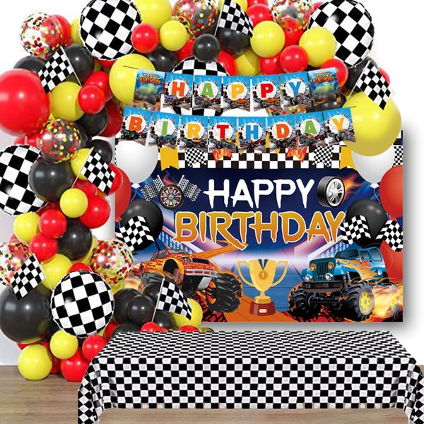 Lnkdeya Trucks Birthday Party Decorations - 144Pcs Trucks Theme Party Supplies Checked Balloon Garland Kit Truck Happy Birthday Banner Backdrop Tablecloth