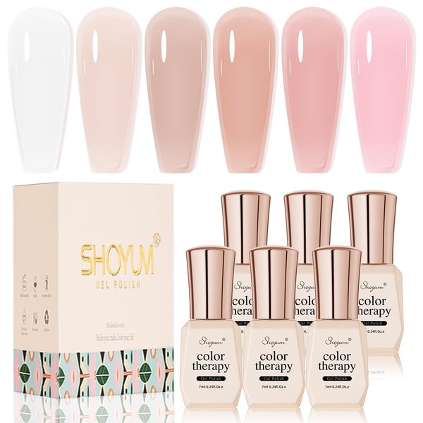 SHOYUM Nude Pink Gel Nail Polish Set- 6 Colors Sheer Milky White Jelly Gel Polish All Seasons Skin Tones Neutral Gel Polish Kit, Soak Off LED Gel Nail Kit Manicure DIY Home