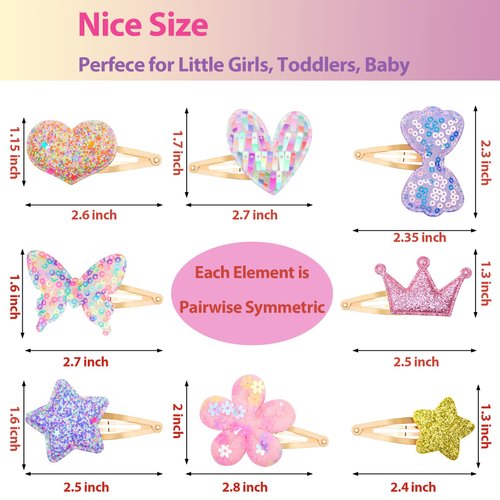 Gingbiss 8 Pairs/16 Pack Hair Clips for Girls, Flower/Star/Crown/Heart/Butterfly Shaped Kids Hair Barrettes, Cute Hair Clips Metal Snap Hair Pins Sparkly Hair Styling Accessories for Girls Kids