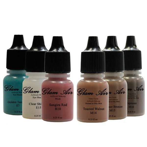 "Daring Goddness" Set of Six (6) Shades of Glam Air Airbrush Matte Makeup Foundation, Airbrush Blush and Airbrush Eye Shadow Water-based Formula Last All Day (For All Skin Types)0.25oz Bottles