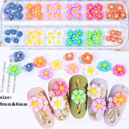 Diasy Nail Art Charms 60 PCS Flower Nail Art Decal Colorful Daisy Blossom Designs Decoration Resin Nail Art Jewelry for Women DIY Manicure Tips