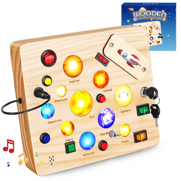 OAKJAR Busy Board for Toddler, Montessori Toys with LED Light, Wooden Sensory Toys for Toddler Activity for 1-6 Year Old Boys & Girls, Christmas & Birthday Gift for Toddler (Solar System)