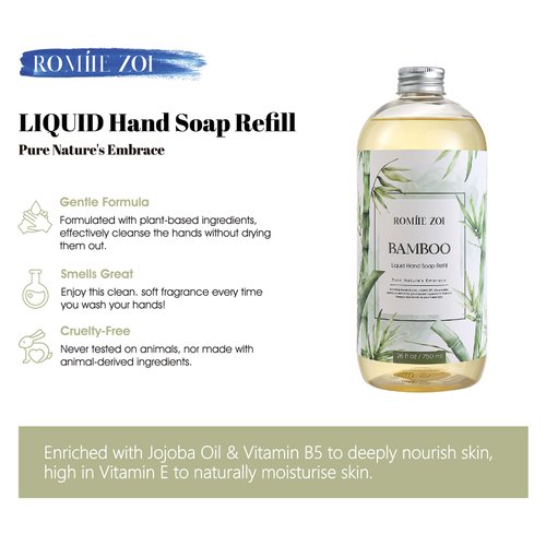 ROMIIE ZOI Liquid Hand Soap Refill,Bamboo,Gentle & Moisturizing Formula for Home & Kitchen, 750ML/26 FL OZ