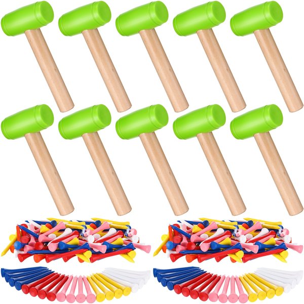 Wettarn 10 Pcs Kids Hammer Toys 100 Pcs Wood Golf Tees Small Plastic Hammer Simulation Wooden Mallet Maintenance Toy Hammer Bamboo Peg for Play Educational School Gift Halloween Party