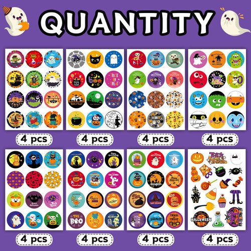 Funnlot Halloween Sticker Sheets 32 Sheets Round Halloween Stickers for Kids Halloween Stickers Trick Or Treat Stickers for Treat Bag Halloween Party Decors