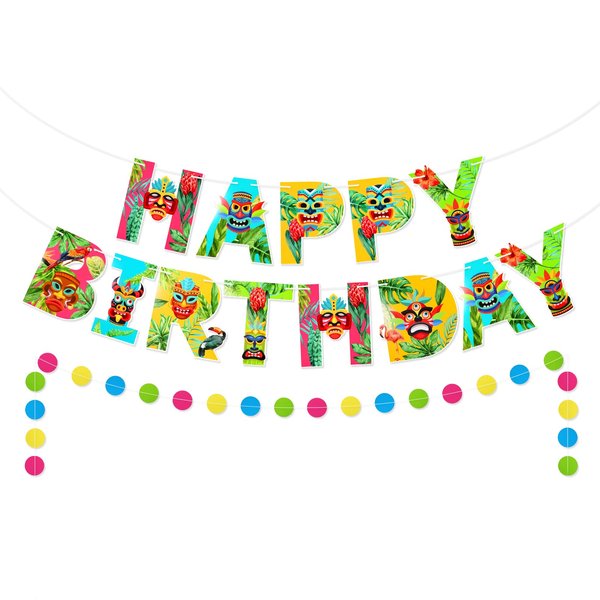 Tiki Happy Birthday Banner, Hawaiian Luau Party Banner, Colorful Tropical Summer Party Decor