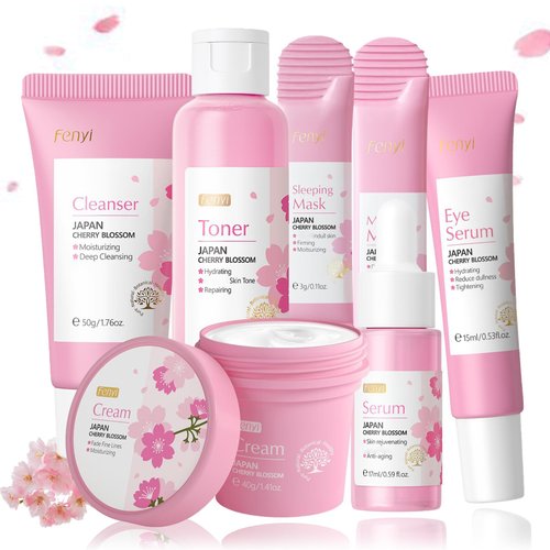 Sakura Skin Care Set, Sakura Skincare Kit For Teenage Girls, Skin Care Kit With Cleanser,Toner,Eye Cream,Face Cream,Serum, Sleep Mask*2, Travel Skincare Set, Skincare Gift Set For Her