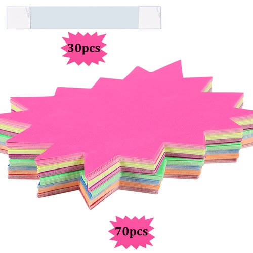 100 Pieces Starburst Signs Fluorescent Signs Neon Starburst Signs for Retail Price Sale Tags Garage Yard Sale Sign Burst Paper Signs Bulletin Poster Board Decorations（4.7 × 6.3Inch）
