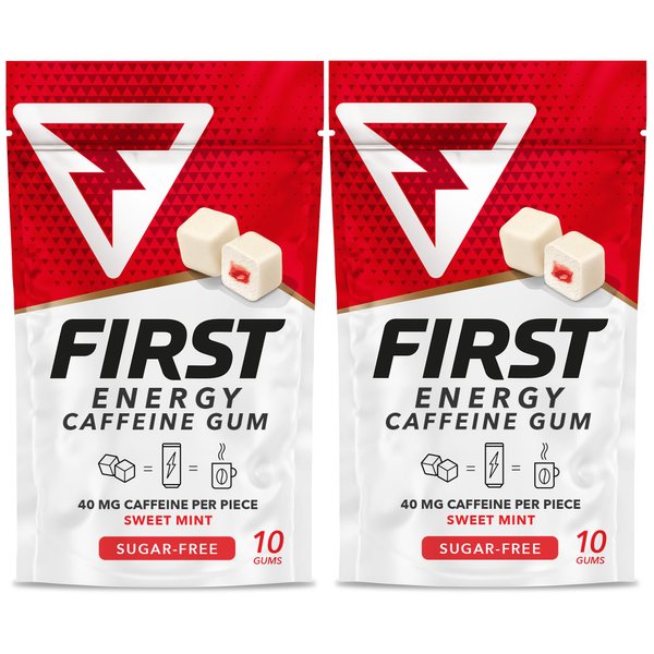 First Energy Gum Caffeine Gum, Sugar-Free gum, Fast-Acting Focus & Energy Gum booster. Ideal for sports, work, study, drive & on-the-go alertness. Sweet Mint Flavor Chewing gum, 2 packs of 10 Gums
