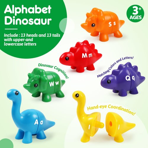 USATDD Matching Letters Dinosaur Toy, Double-Sided ABC Letters Dinosaur Match Game Preschool Fine Motor Toy with Uppercase Lowercase Alphabet, Educational Learning Toys for Toddlers Boys Girls