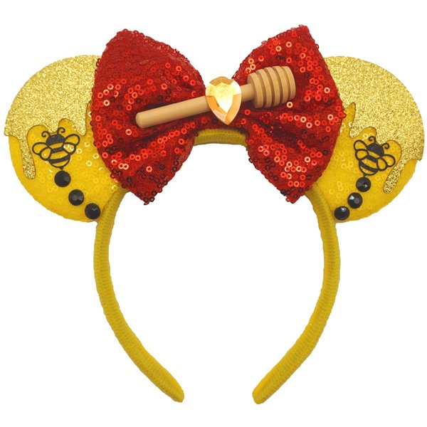ZHENNAN Mouse Ears Headbands for Women, Glitter Honey Stick Pooh Bear Bows Ears Headbands for Men, Pooh Bear Costume Cartoon Themed Events Birthday Party Decorations Hair Accessoires