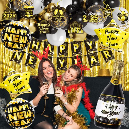 Yoidsan New Years Eve Party Supplies 2025 Happy New Year Decorations, 66Pcs New Years Kit with New Year Banner, Fringe Curtains, Foil Balloons, Happy New Year Hanging Swirls for Happy NYE