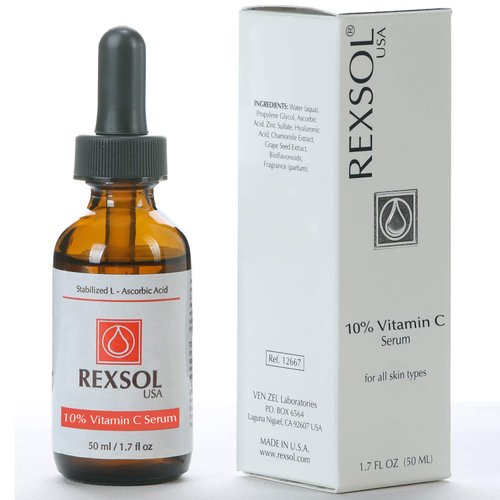 REXSOL 10% Vitamin C Serum Anti-wrinkle Firming | With Hyaluronic Acid, Chamomile Extract & Grape Seed Extract | Prevent photo-aging | Provides antioxidant protection. (50 ml / 1.7 fl oz)