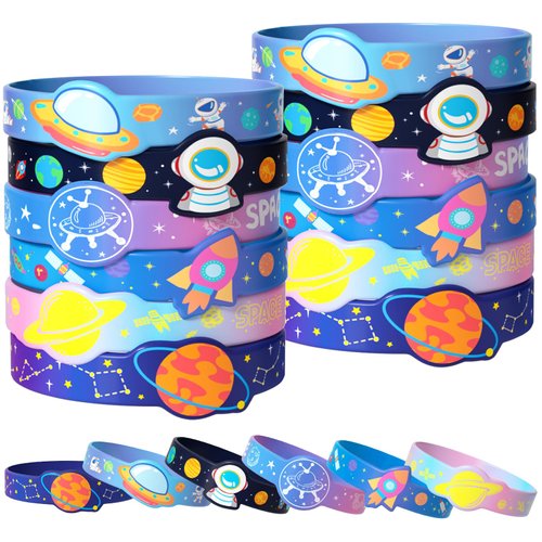 KELENO 24 Outer Space Party Favors Birthday Supplies Galaxy Astronaut Silicone Bracelets Bulk Kids Boy Girl Toy Gift for Goodie Bag Stuffer Class Prize Christmas Easter Space Themed Party Favors