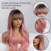 Qihang Pink Wig with Bangs Long Wavy Pink Wigs for Women Ombre Pink Curly Wavy Synthetic Wigs with Dark Roots for White Women Girls Daily Party Replacement 26 inch